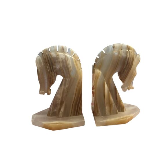 Pair Set 2 Onyx Alabaster Carved Stone Horse Bookends Book Ends Library Decor - Picture 2 of 7